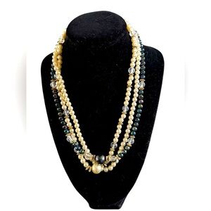 Vintage Triple Stranded Artificial Pearl Necklace with Gold Spacer Beads